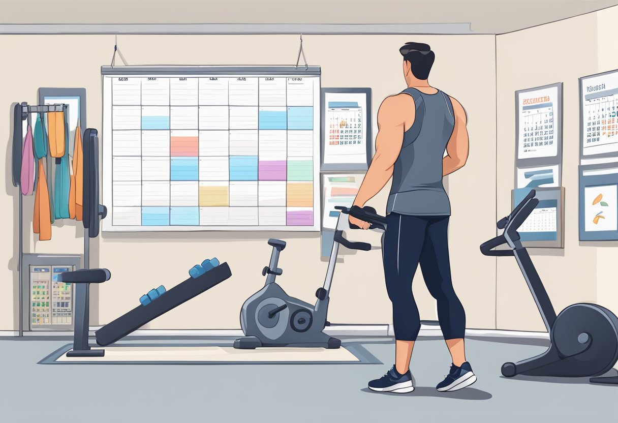 A person wearing workout clothes, standing in front of a calendar or schedule, with exercise equipment nearby