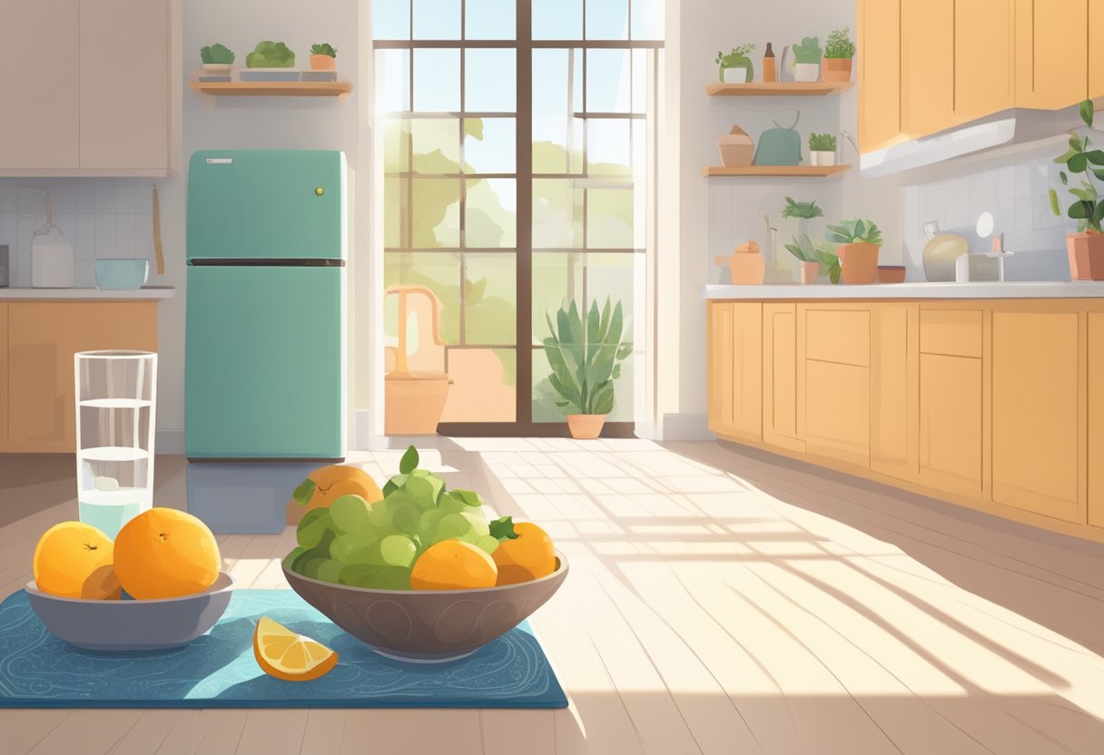 A bright, sunlit kitchen with a bowl of fresh fruit, a glass of water, and a yoga mat laid out on the floor. A clock on the wall reads 6:00 am