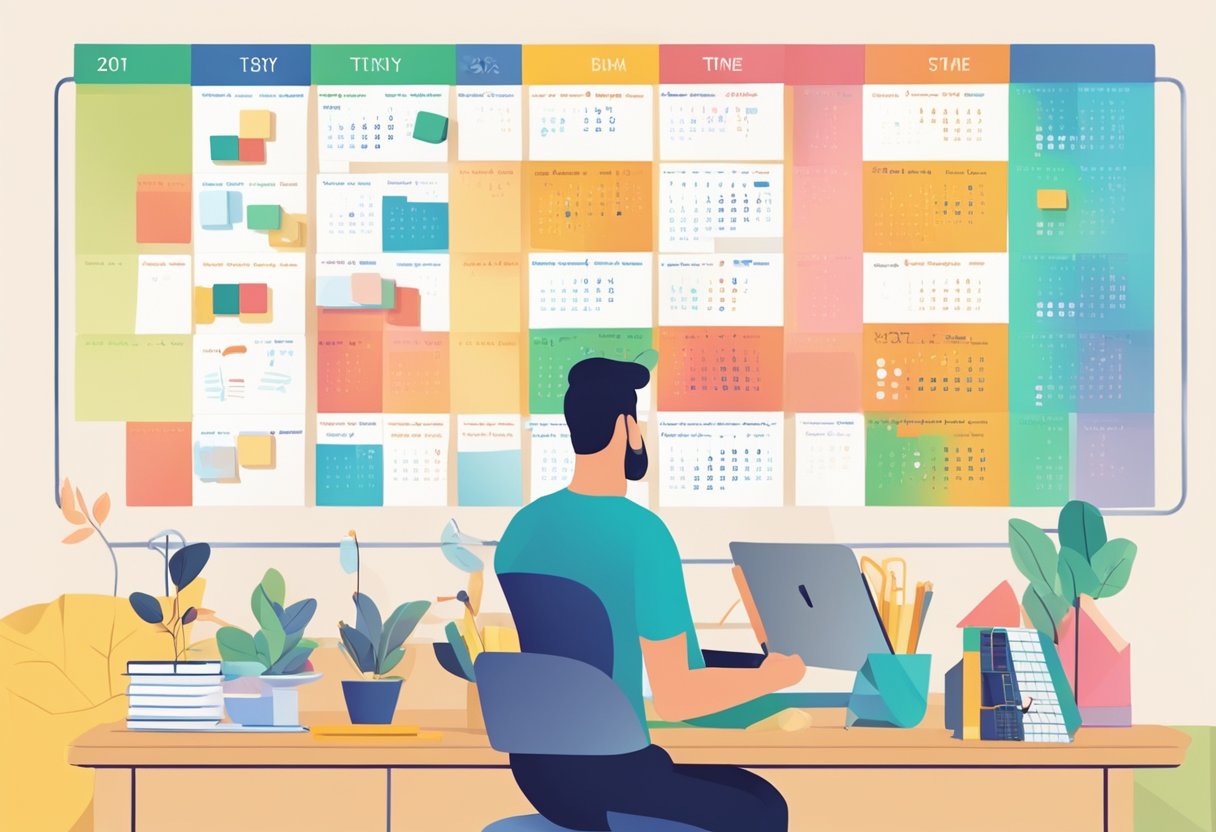 A busy schedule depicted with a calendar filled with colorful time blocks, a clock showing different times, and a person exercising in between tasks