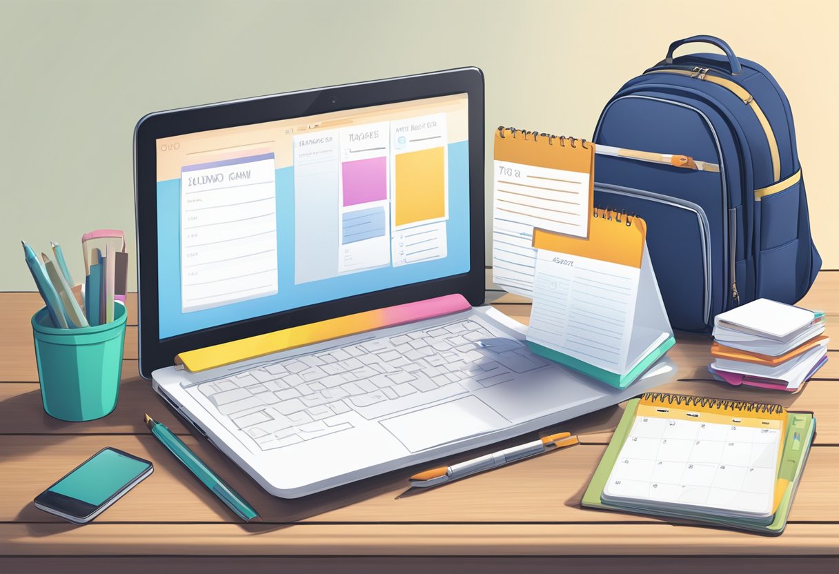 A desk with a planner, calendar, and to-do list. A laptop open to a task management app. A gym bag packed and ready by the door