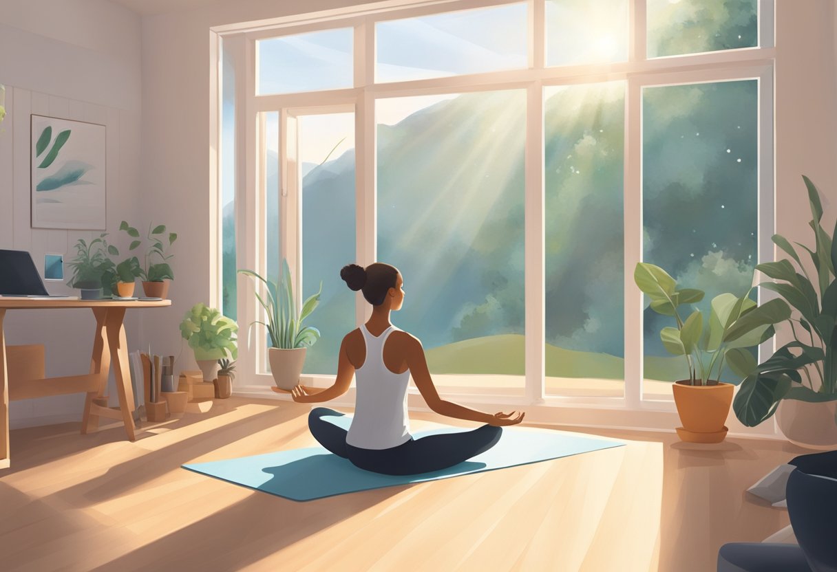 A serene morning scene with a person doing yoga or stretching, surrounded by a tidy workspace and exercise equipment. Sunlight streams in through a window, creating a peaceful and focused atmosphere