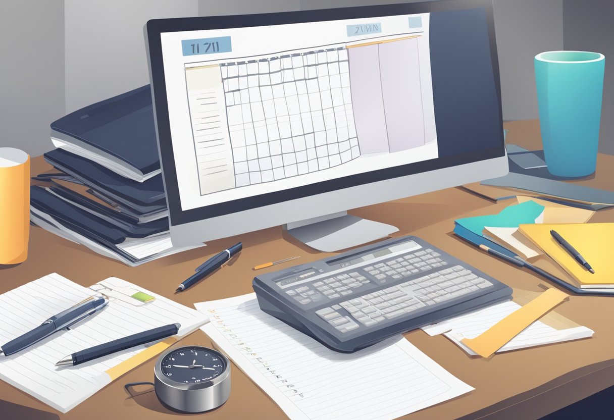 A desk with a computer displaying a calendar, a notepad with a to-do list, and a timer set for a workout break. A stack of papers and a pen are nearby