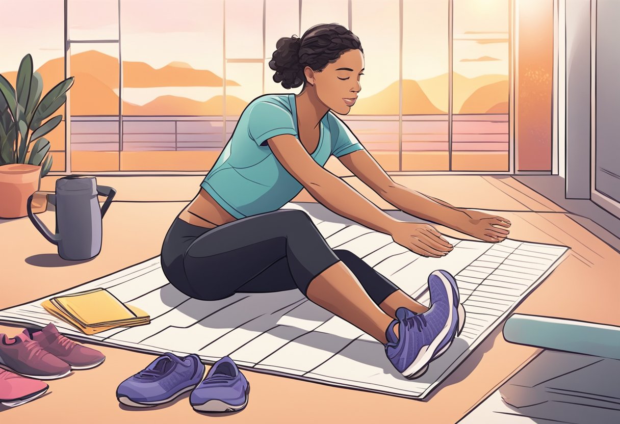 A person stretching in the morning, then going for a run with the sunrise in the background. A planner and workout gear are laid out nearby