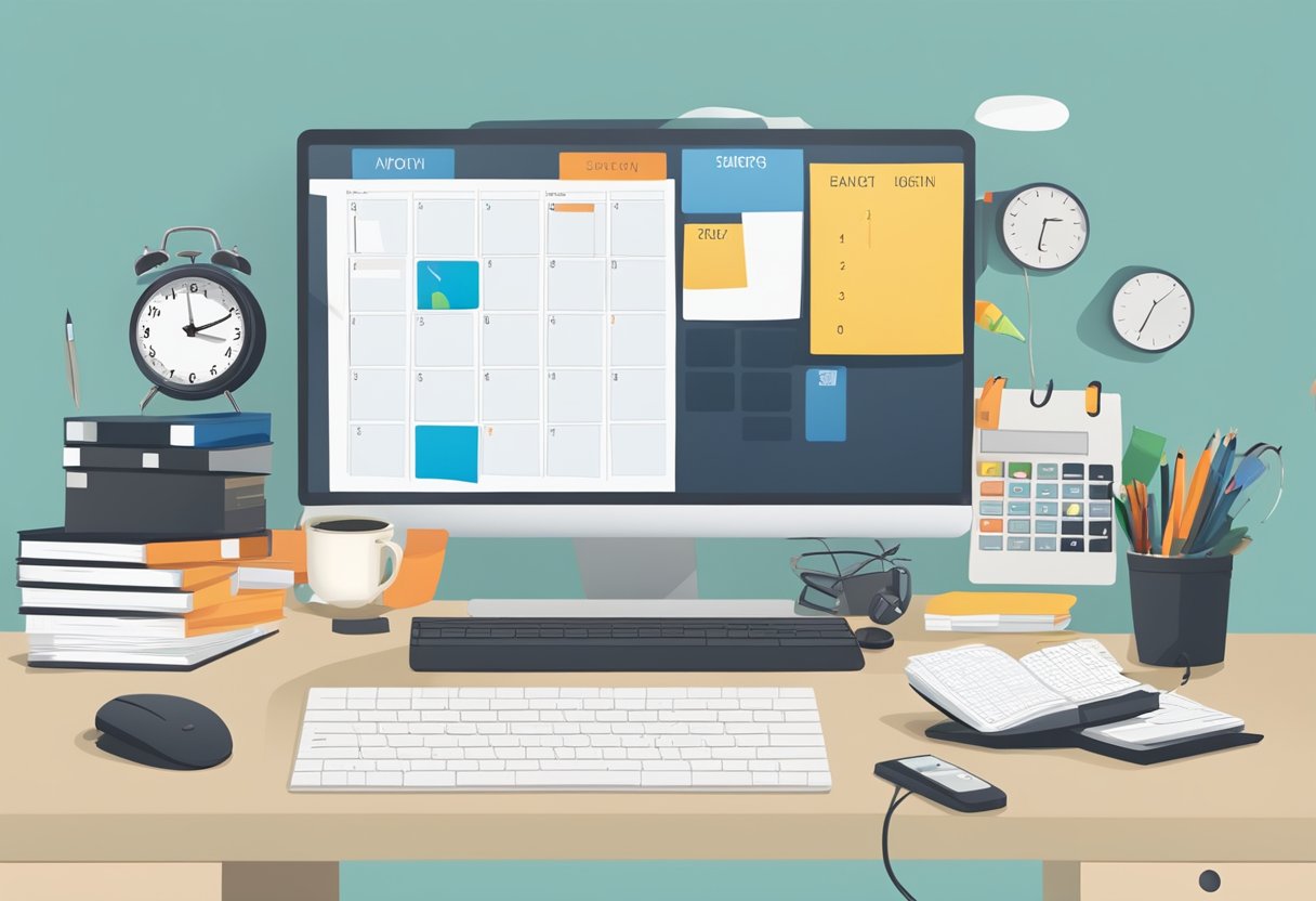 A cluttered desk with a computer, notebook, and pen. A calendar with tasks marked off. A clock showing a split day and night
