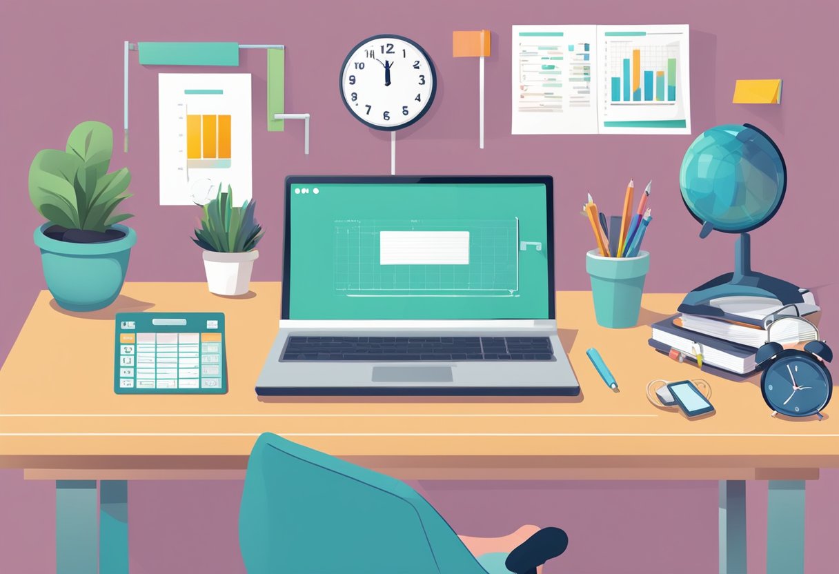 A desk with a computer, planner, and workout gear. A clock shows the time. The person is multitasking work and fitness