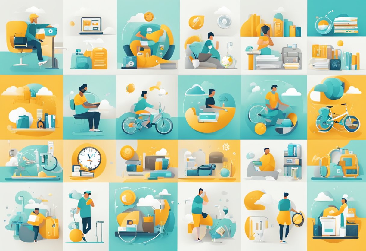 A person's daily routine split into sections with icons representing tasks like work, exercise, and leisure, all neatly organized and flowing seamlessly