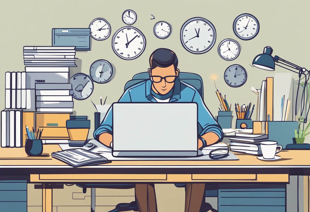 A person at a desk with a computer, multitasking with various work-related tasks while a stopwatch or timer is visible, indicating the concept of time management and efficiency