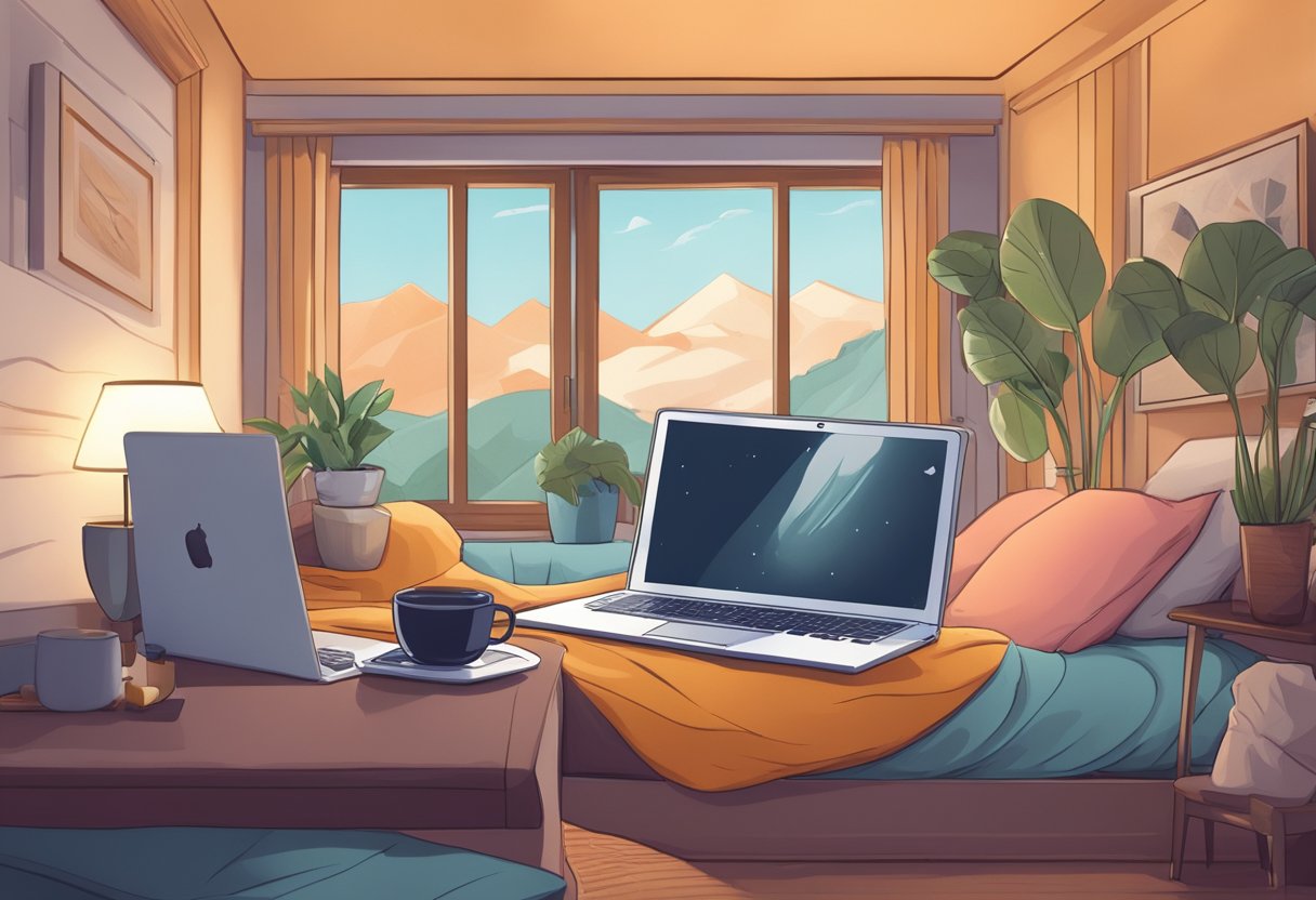 A traveler researching local gyms and fitness classes on a laptop in a cozy hotel room, surrounded by amenities like a plush bed and a coffee maker