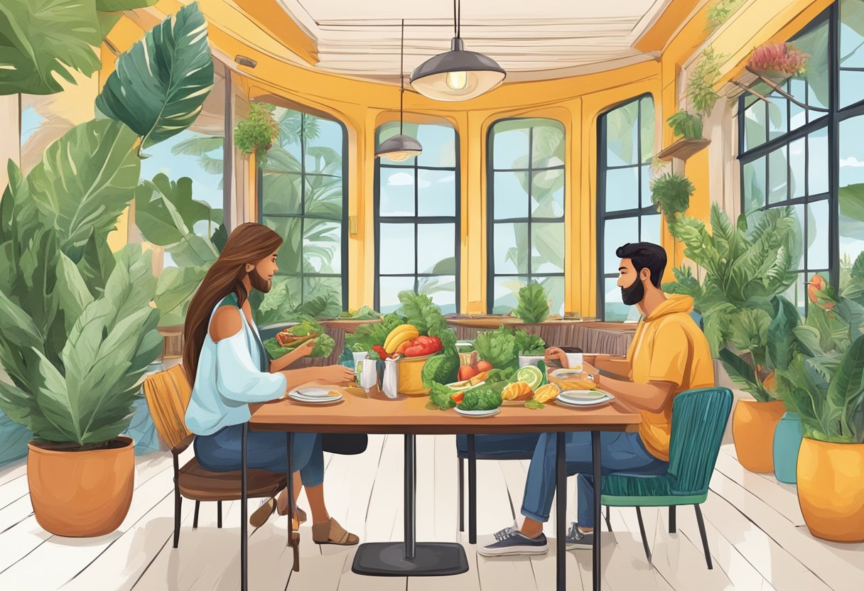 A traveler sitting at a table in a restaurant, surrounded by colorful and fresh food options. A menu with healthy choices is displayed on the table