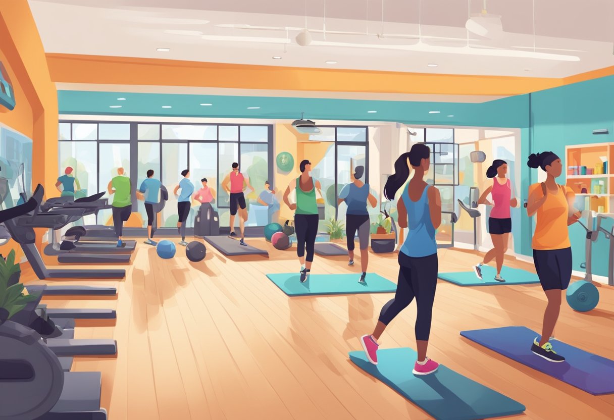 A vibrant gym with diverse fitness classes, surrounded by local shops and cafes. A welcoming atmosphere with enthusiastic instructors and a mix of locals and travelers