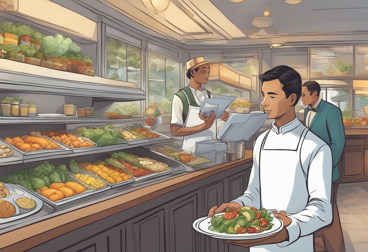 A person browsing a menu with a variety of healthy food options, while a waiter stands by ready to take their order