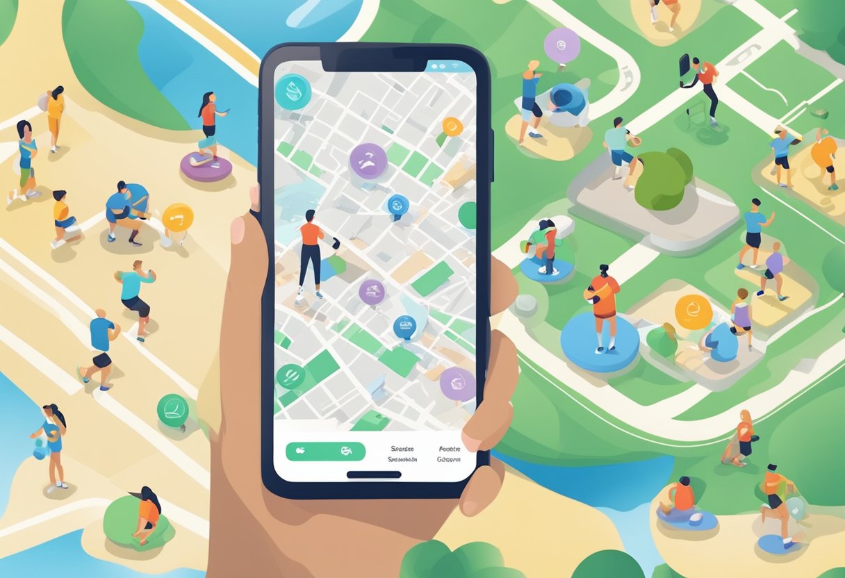 A traveler uses a smartphone to search for local gyms and fitness classes. The screen displays various app icons for fitness solutions. A map shows nearby options