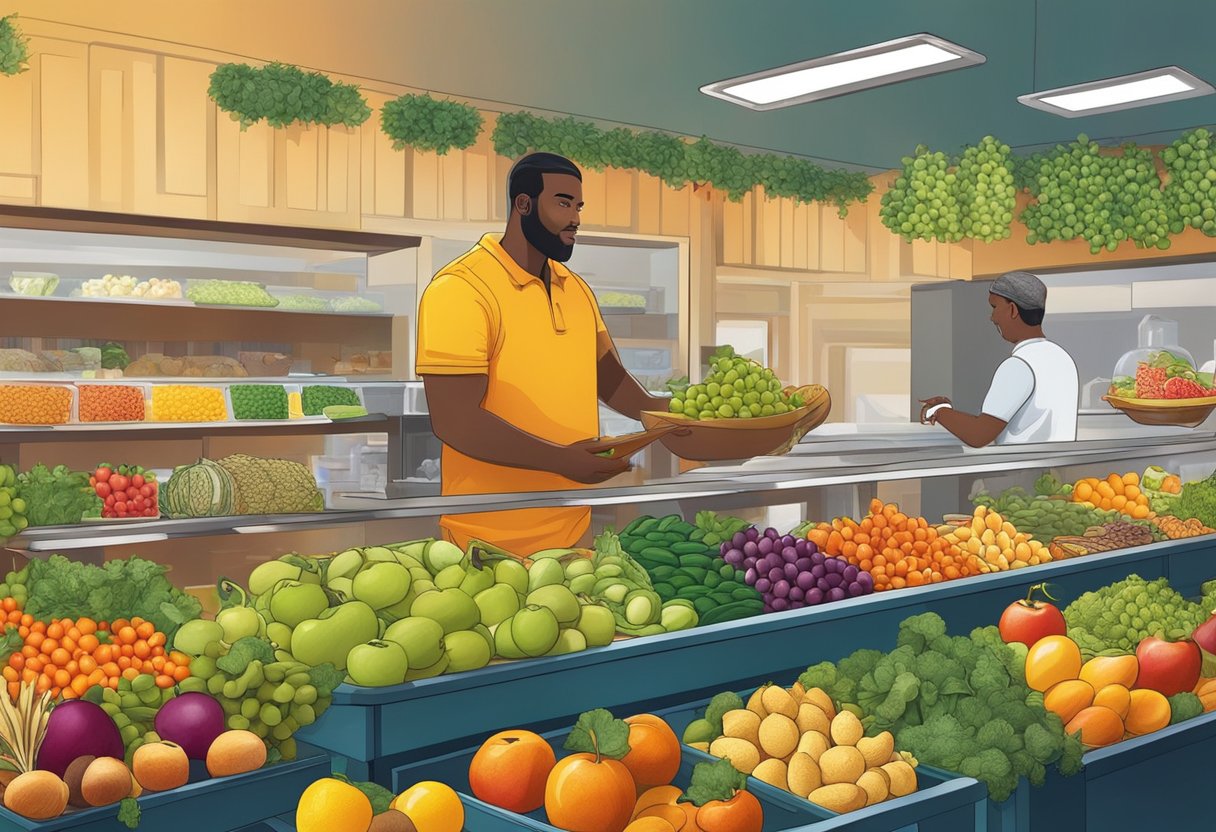 A traveler at a restaurant counter, choosing from a variety of fresh fruits, nuts, and vegetables displayed in colorful bowls and baskets