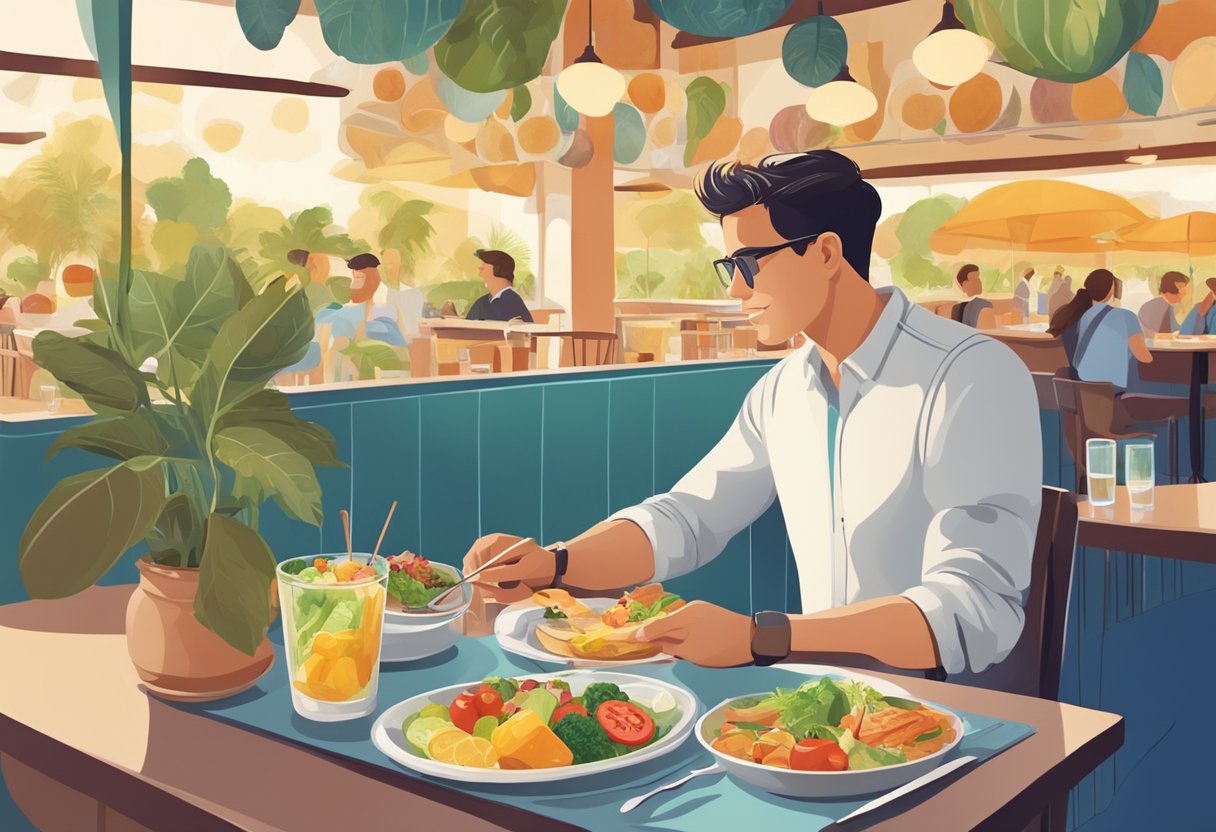 A traveler examines a menu with a variety of healthy food options while sitting at a restaurant table. The atmosphere is bright and welcoming, with colorful dishes on display