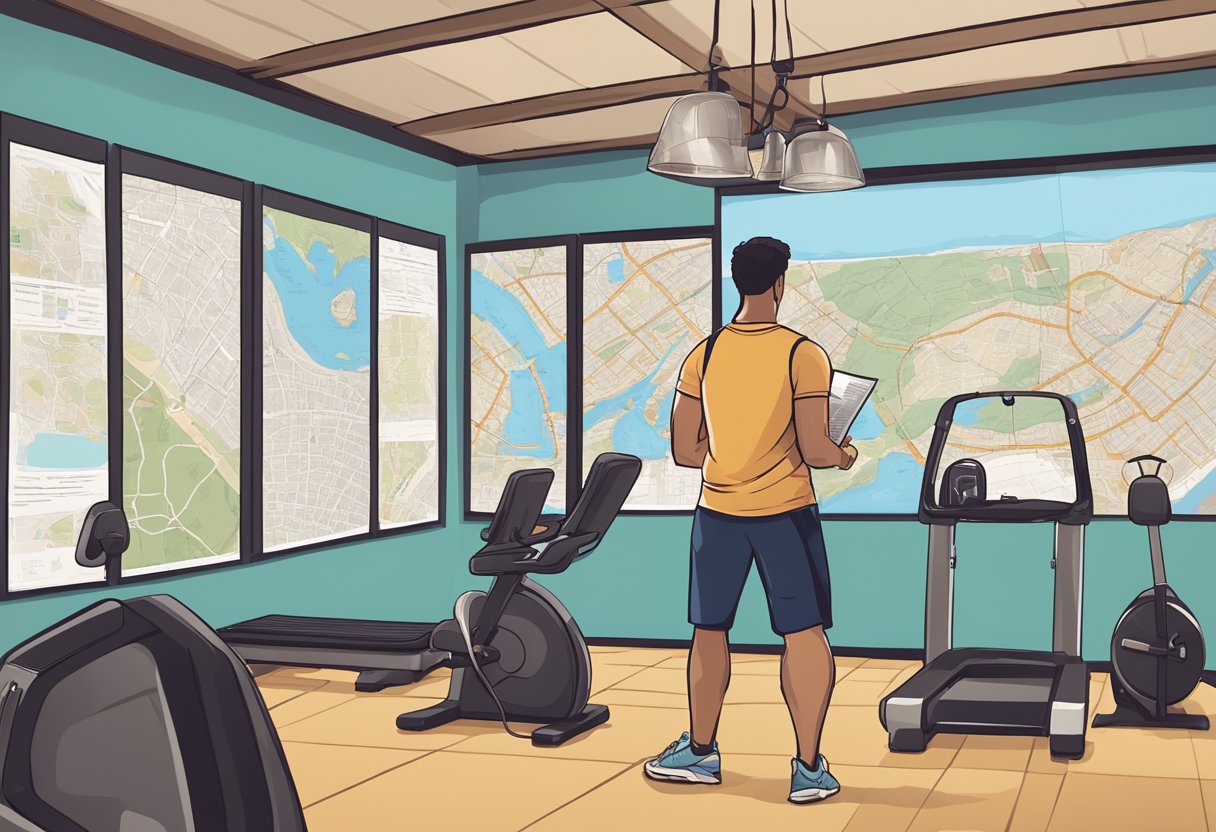 A traveler browsing through a variety of local gym and fitness class options, looking at maps and reviews to find the best one