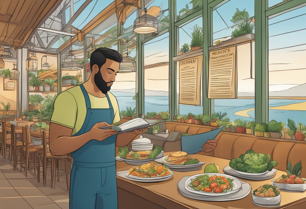 A traveler browsing through a menu at a restaurant, with a variety of healthy food options displayed