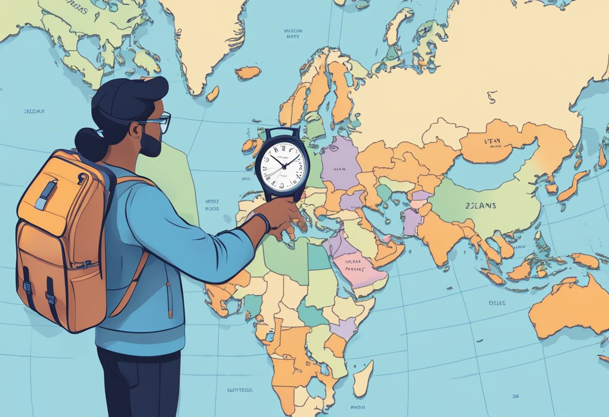 A person with a suitcase, water bottle, and workout clothes, adjusting a watch while looking at a world map with different time zones