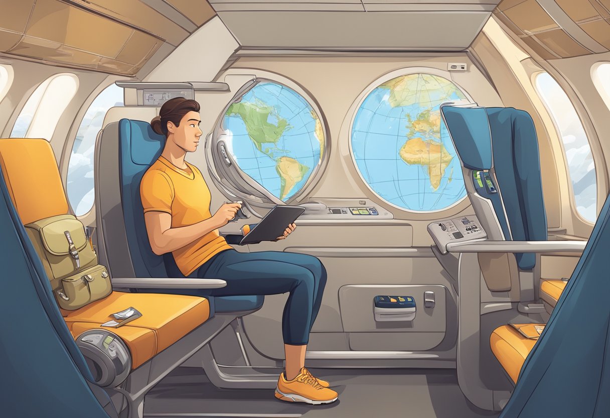 A traveler adjusts their watch while exercising in an airplane cabin, surrounded by fitness equipment and a map of different time zones