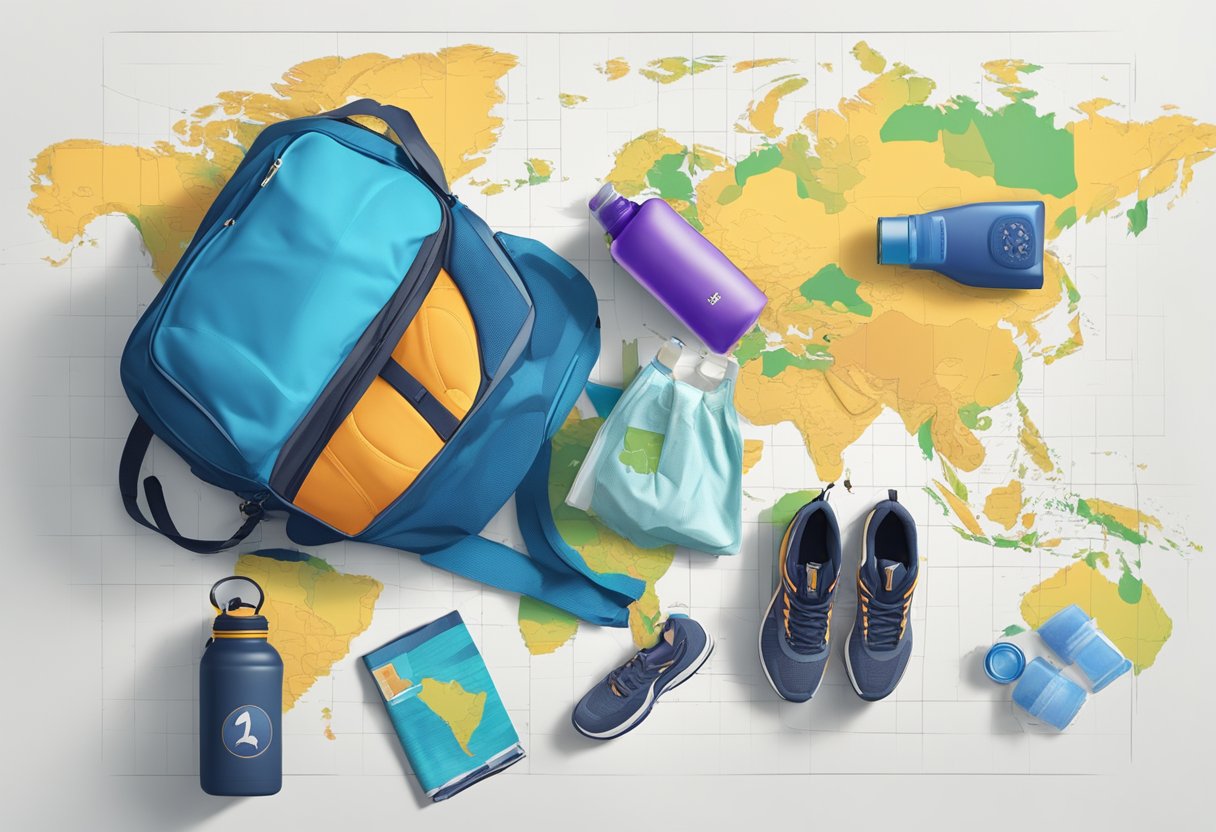 A gym bag with running shoes, water bottle, and workout clothes laid out next to a world map with different time zones highlighted