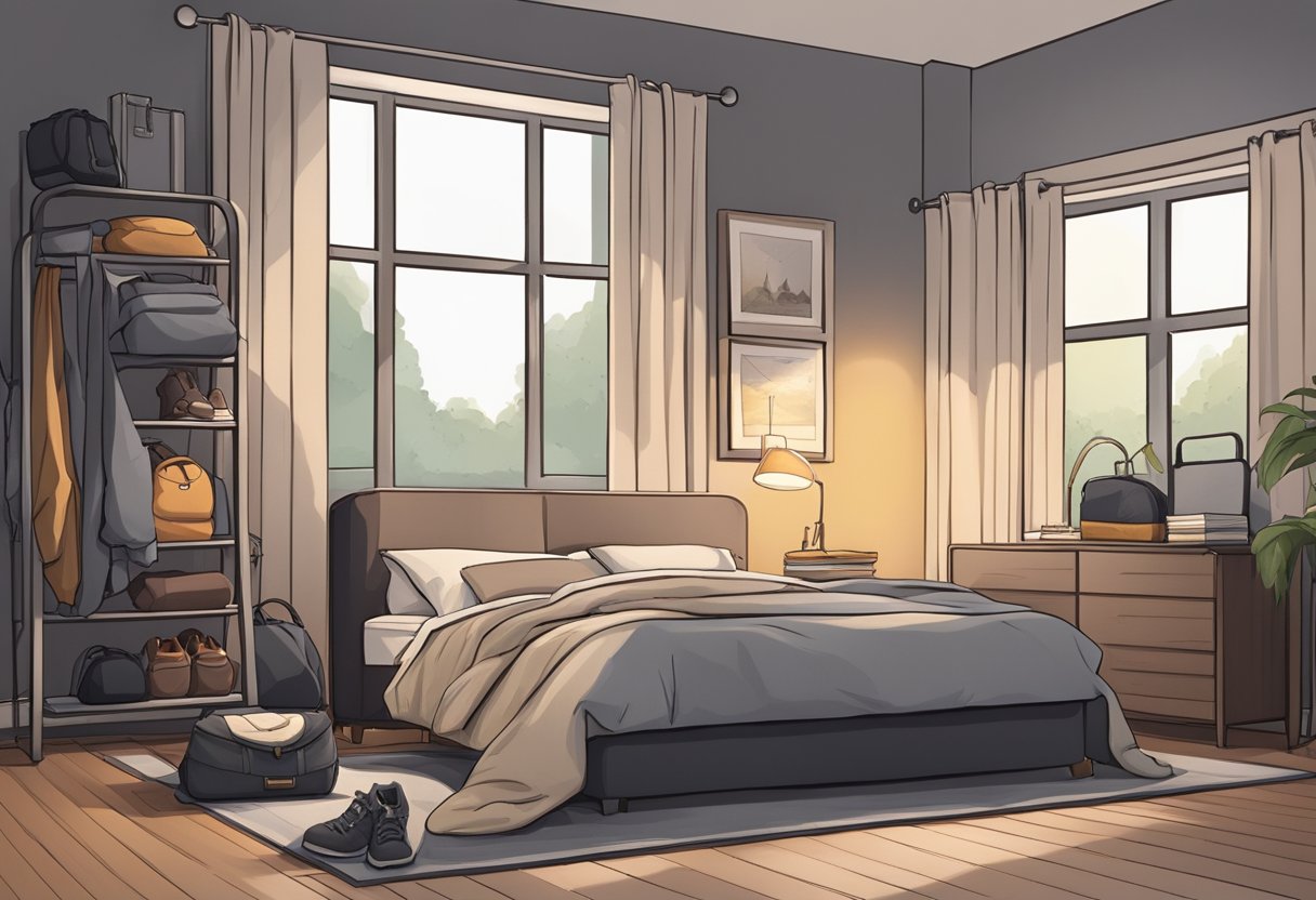 A cozy bedroom with a comfortable bed, dim lighting, and blackout curtains. A clock on the nightstand shows different time zones. A gym bag with workout clothes and shoes is neatly packed in the corner