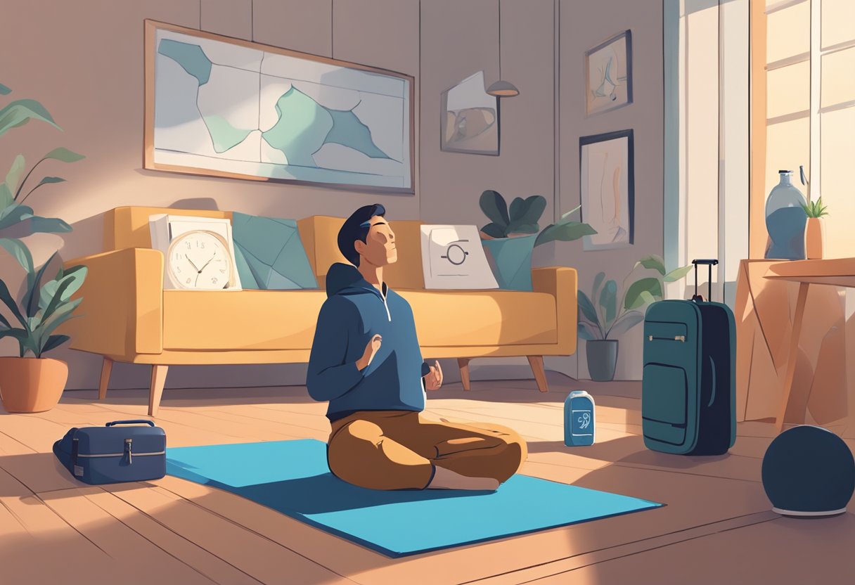 A person stretching in a serene, dimly lit room with a yoga mat, water bottle, and clock showing different time zones. A globe and suitcase in the background