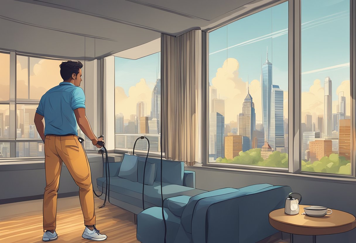 A traveler with a skipping rope in a hotel room, adjusting their watch while looking out the window at a city skyline
