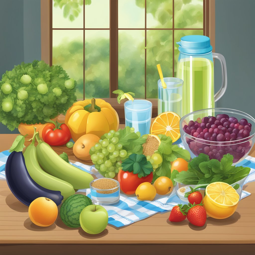 A table filled with a variety of fresh fruits, vegetables, grains, and lean proteins. A glass of water and a measuring tape nearby