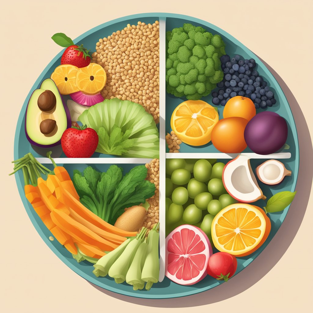 A colorful plate with a variety of fruits, vegetables, grains, and proteins arranged in a balanced and visually appealing manner