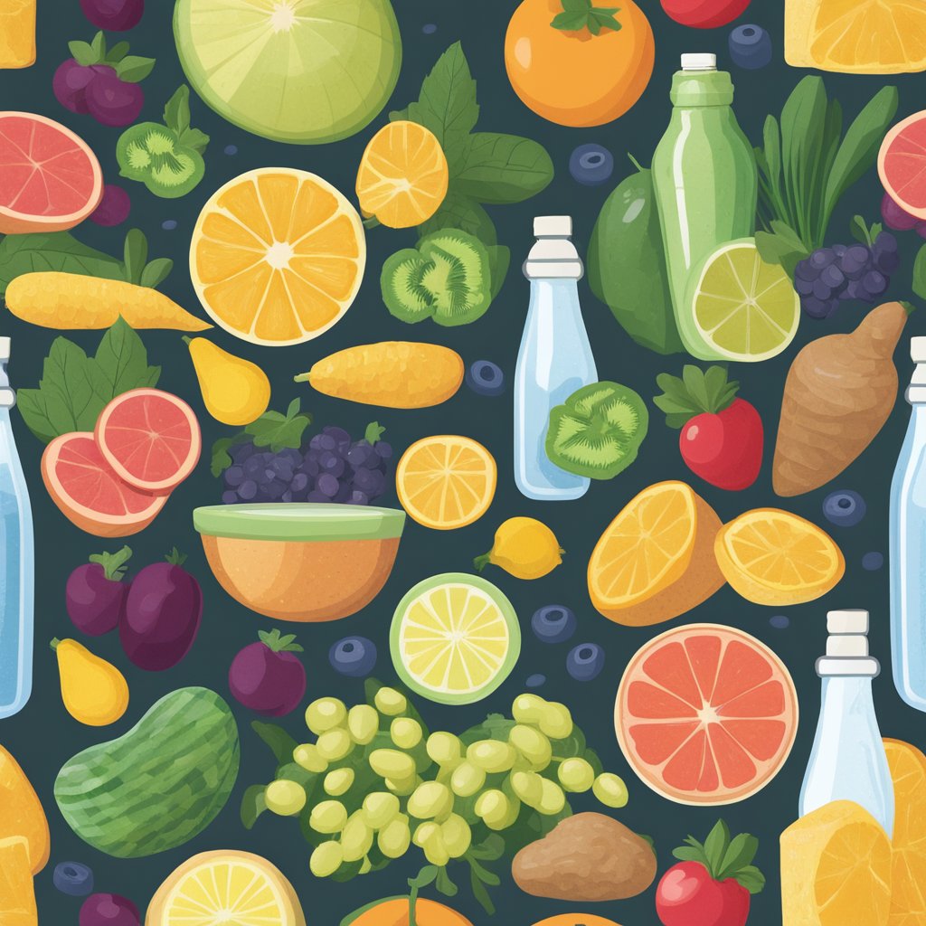 A colorful array of fruits, vegetables, and whole grains arranged on a table, surrounded by measuring cups and a water bottle