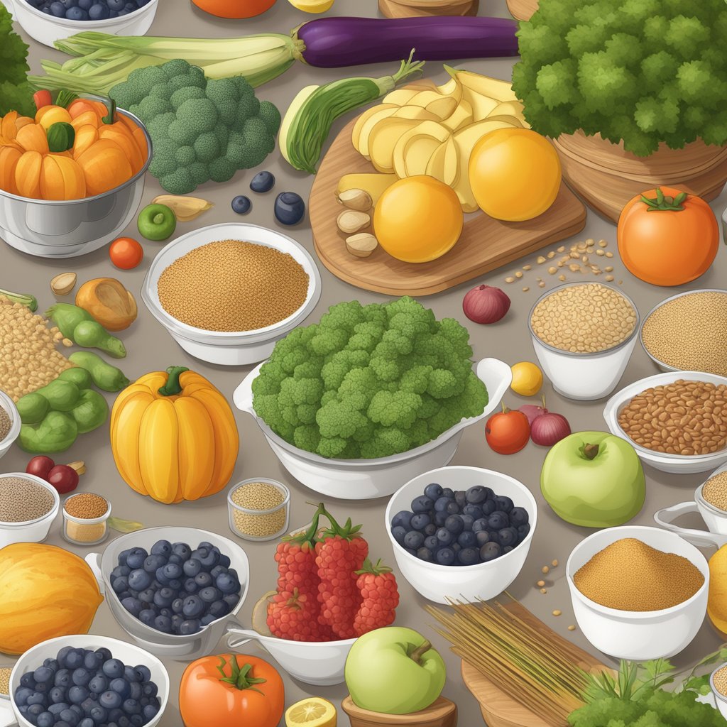 A table filled with various fruits, vegetables, and grains, surrounded by measuring cups, a scale, and a variety of cooking utensils