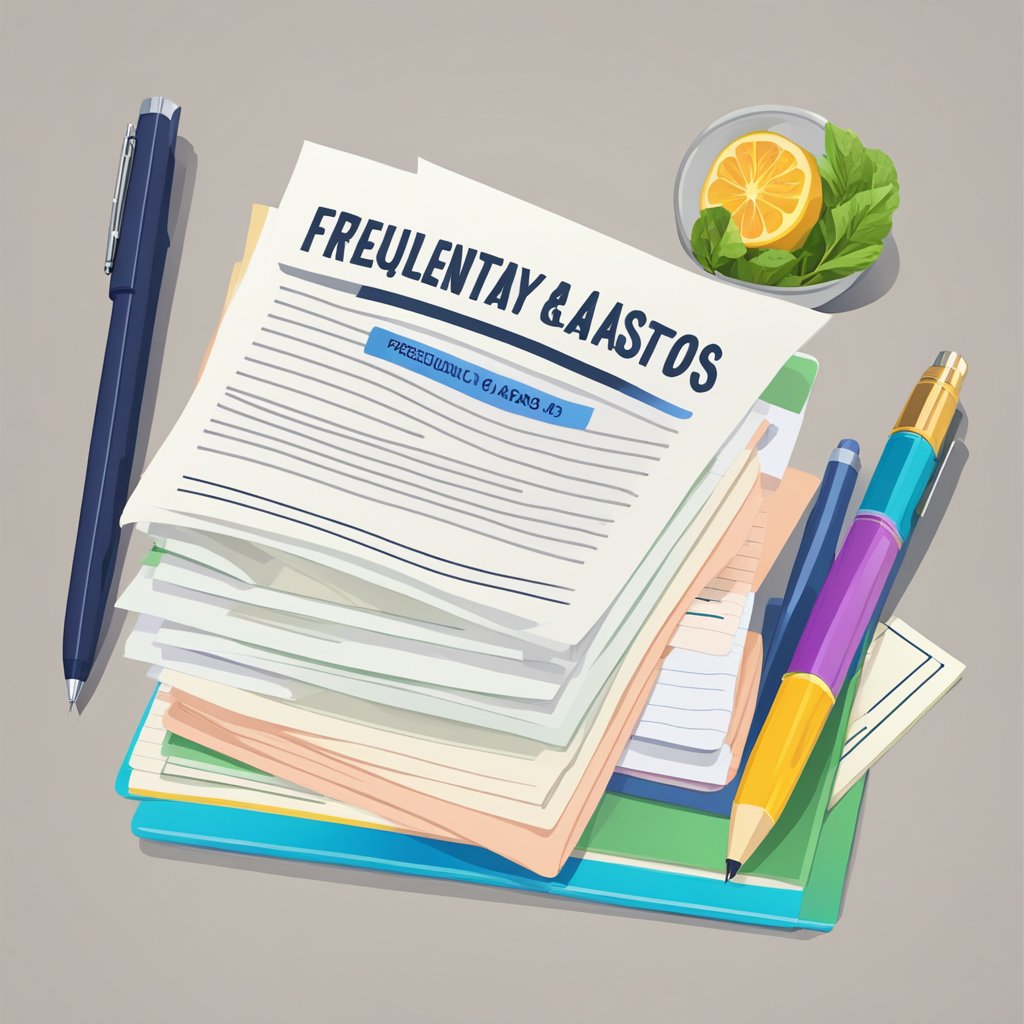 A stack of papers labeled "Frequently Asked Questions nutriçao e dieta" with a computer and pen nearby