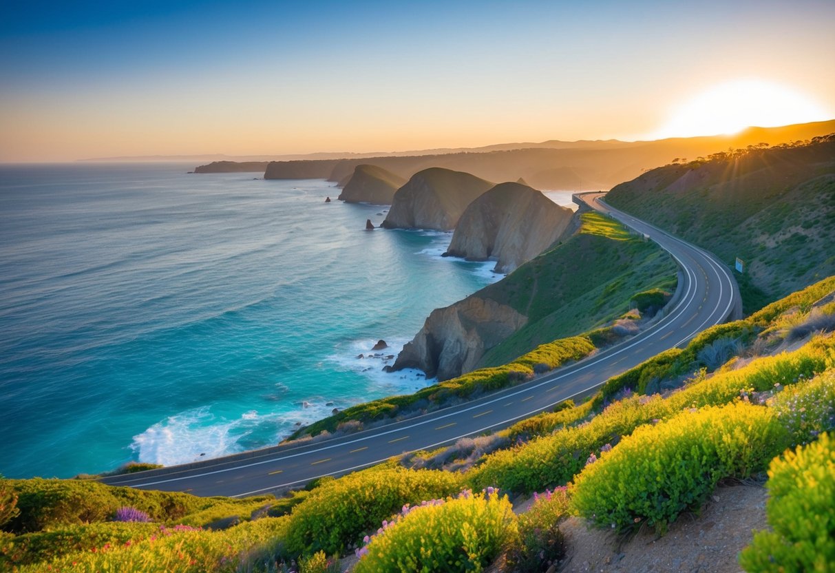 The winding Pacific Coast Highway stretches along the rugged California coastline, with cliffs dropping into the turquoise waters below. Lush greenery and colorful wildflowers line the road, while the sun sets in the distance