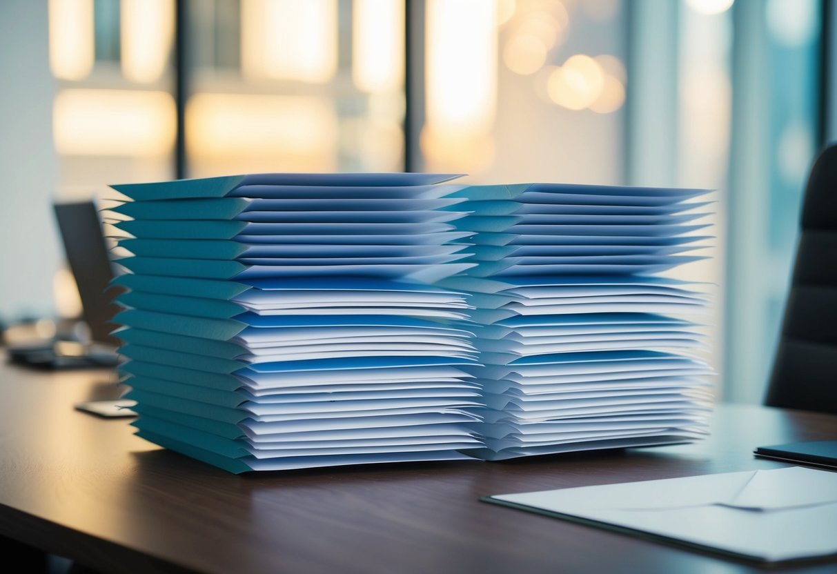 A stack of 150 mailers arranged on a desk, ready for review