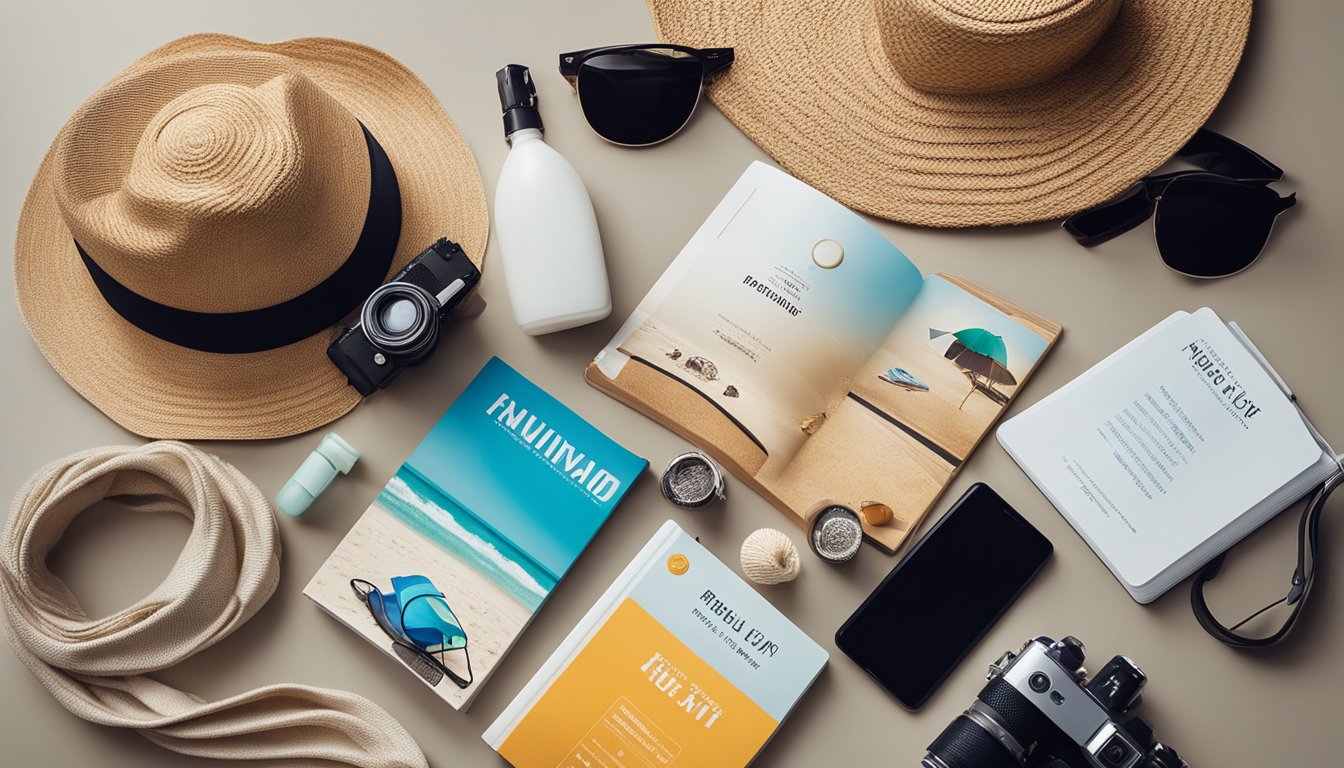 A beach vacation packing list: sunscreen, flip flops, towel, swimsuit, hat, sunglasses, beach bag, book, water bottle, snacks, and camera