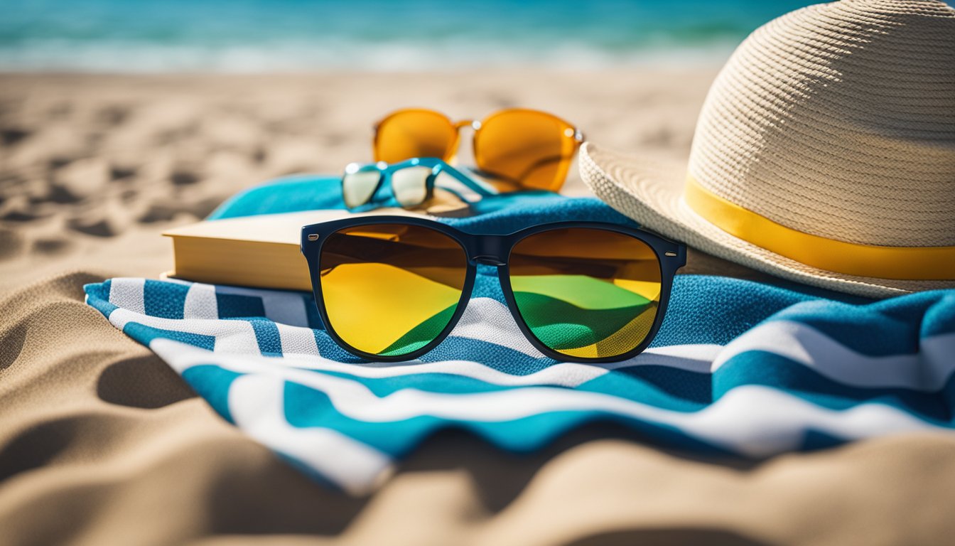 A sandy beach with a colorful beach towel, sunscreen, sunglasses, a beach hat, a book, a pair of flip-flops, a beach bag, and a refreshing drink