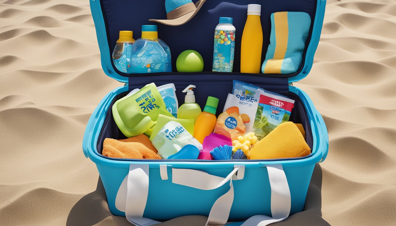 A beach bag packed with towels, sunscreen, hats, and toys. A cooler filled with drinks and snacks. Flip flops and beach chairs ready to go