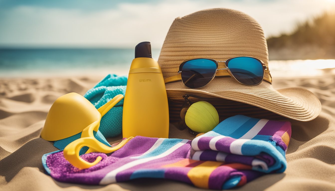 A sandy beach with a colorful beach towel, sun hat, sunglasses, sunscreen, flip flops, and a beach bag filled with towels and beach essentials