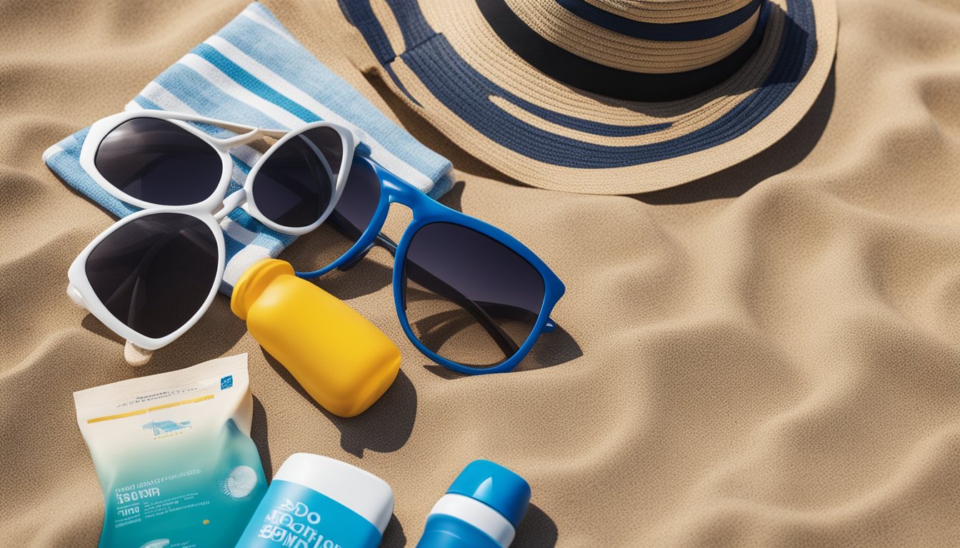 A sandy beach with scattered beach essentials like sunscreen, sunglasses, a hat, a beach towel, a book, a water bottle, and a beach bag