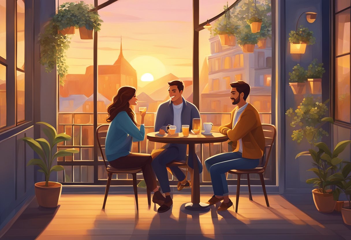 A couple sitting at a cozy cafe, smiling and engaged in deep conversation. The warm glow of the setting sun fills the room, creating a romantic atmosphere