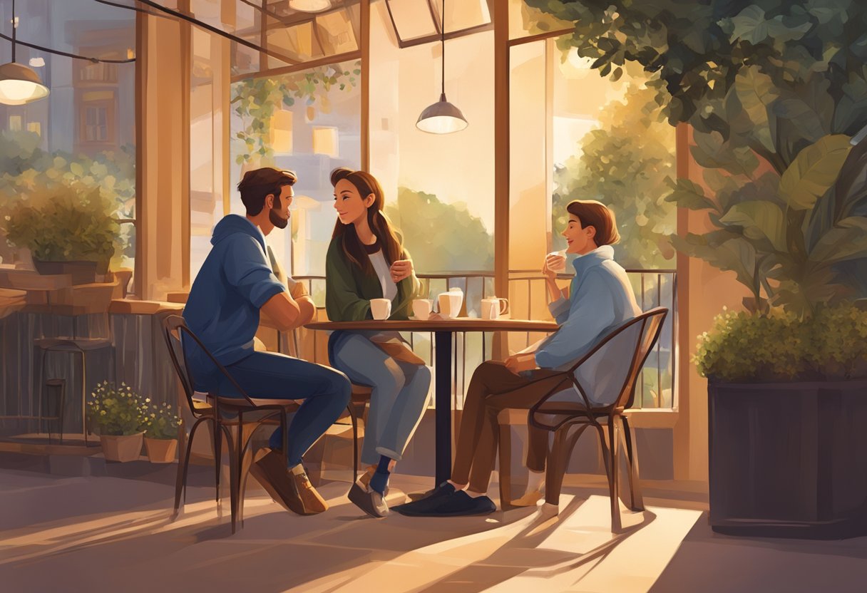 A couple sitting at a cozy café, engaged in deep conversation, with warm lighting and a relaxed atmosphere