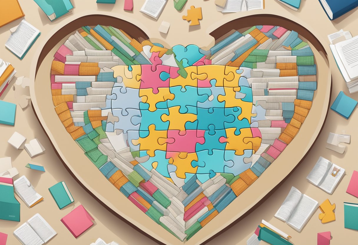 A heart-shaped puzzle with two pieces fitting together, surrounded by books on self-improvement and relationship advice