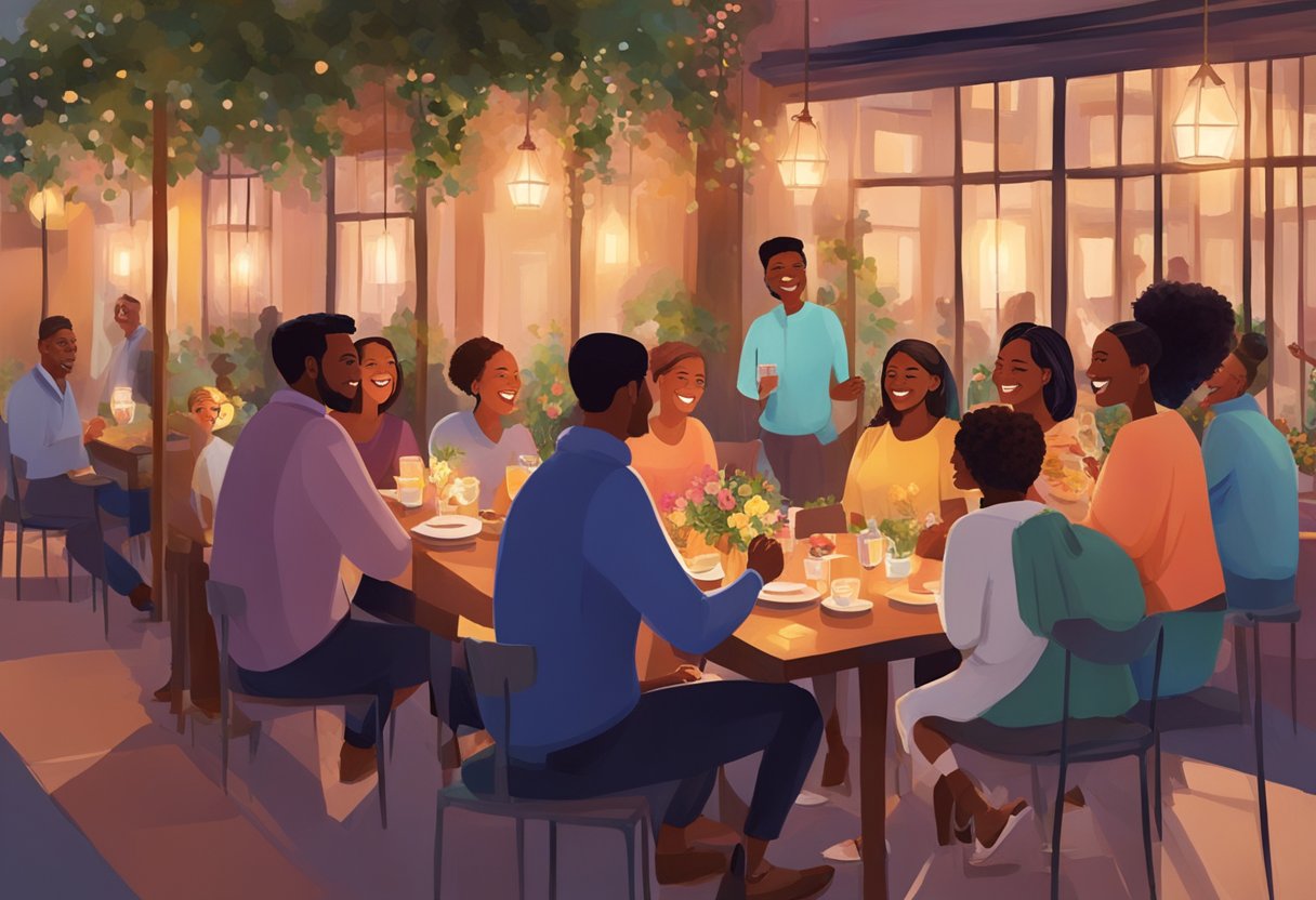 A group of diverse individuals engage in conversation, exchanging smiles and laughter. Tables are adorned with vibrant flowers and soft lighting creates a warm, inviting atmosphere