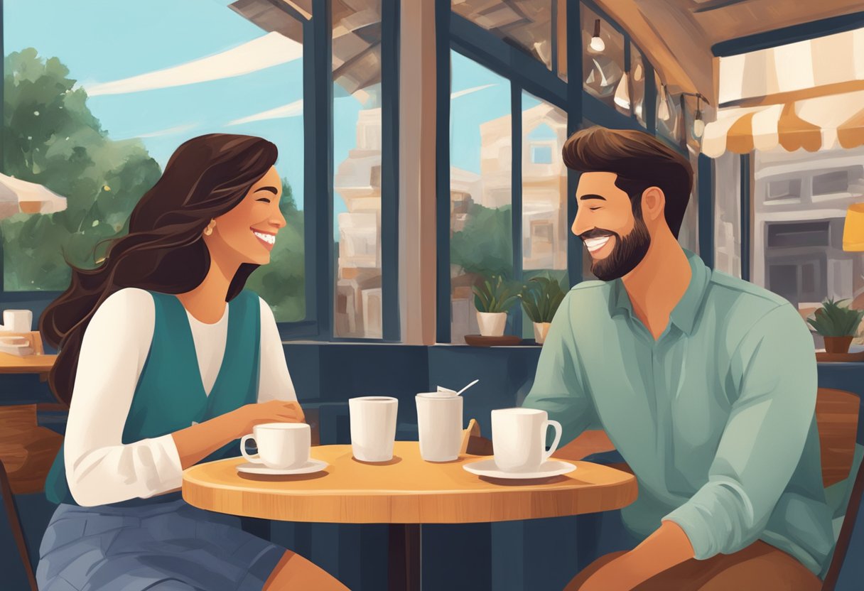 A couple sitting across from each other at a cozy cafe, engaged in deep conversation. Smiles and laughter indicate a strong connection