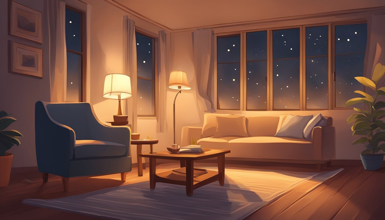 A cozy night scene with a dimly lit room, a comfortable chair, and a warm blanket. The soft glow of a lamp illuminates the space, creating a relaxing atmosphere for chilling