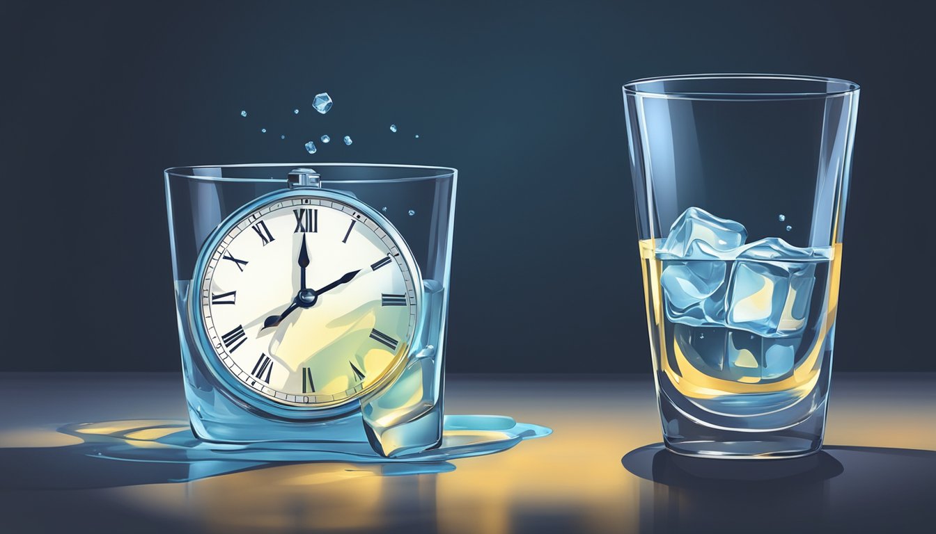 A clock showing 10:00 PM with an ice cube melting in a glass of water on a table under dim lighting