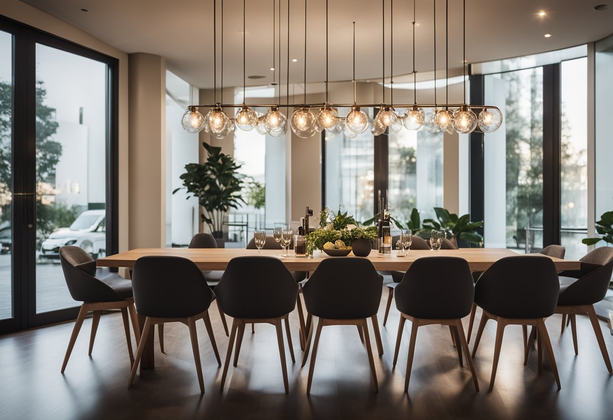 A modern dining room with sleek, stylish chandeliers hanging from the ceiling, casting a warm and inviting glow over the space