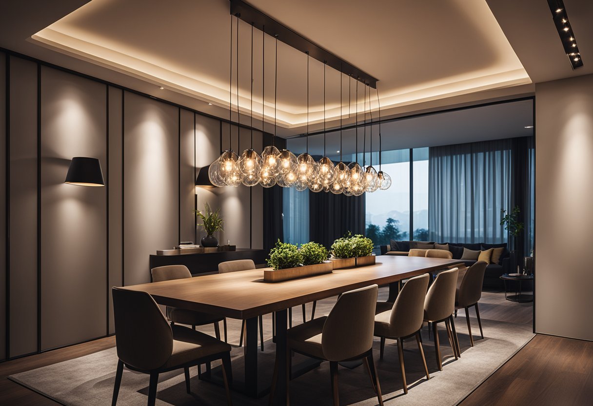 A modern dining room with sleek, stylish chandeliers hanging from the ceiling, illuminating the space with a warm and inviting glow