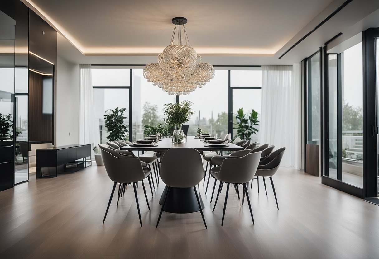 A modern dining room with sleek, metallic chandeliers and a minimalist color palette