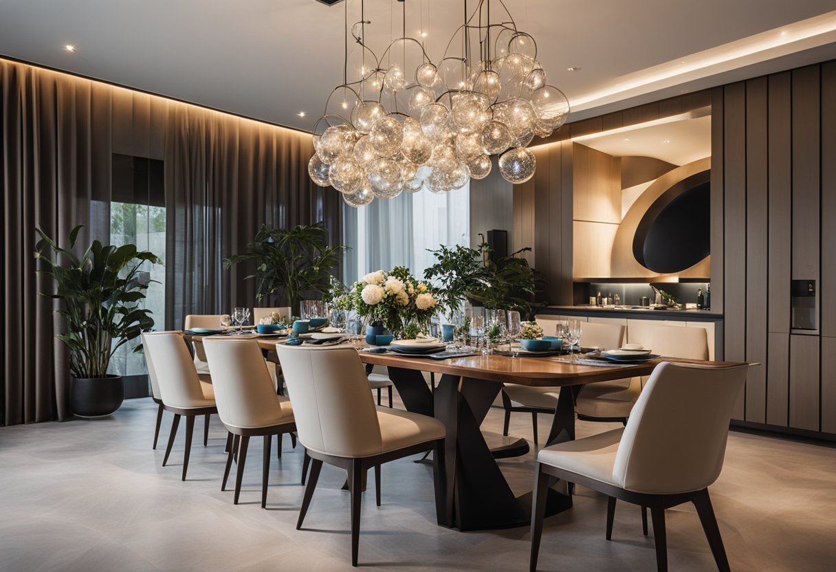 A modern dining room with energy-efficient lighting and stylish chandeliers