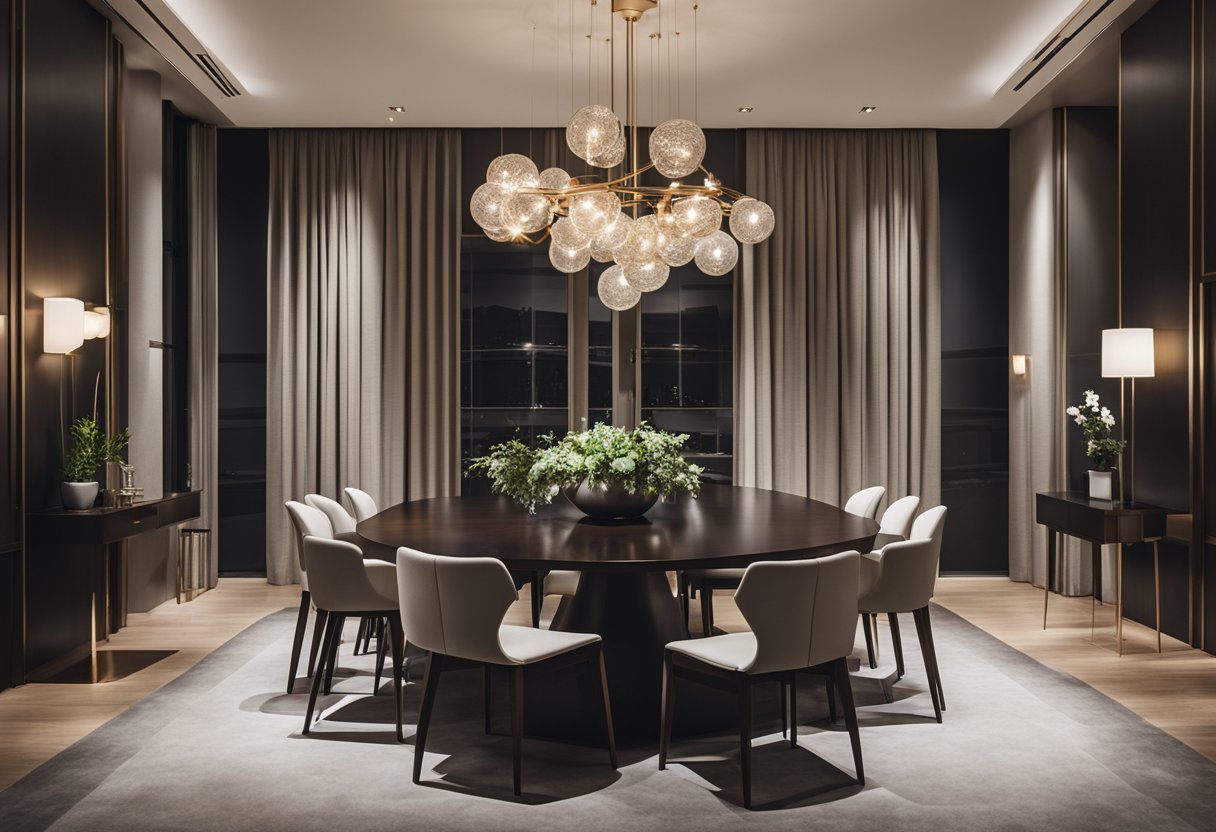 A sleek, contemporary dining room with modern chandeliers from well-known brands and designers